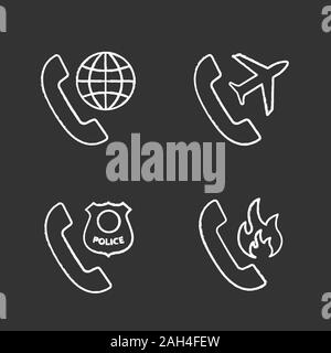 Phone services chalk icons set. Roaming, calls abroad, hotline support, call the police. Isolated vector chalkboard illustrations Stock Vector