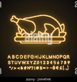 Grilled whole chicken neon light icon. Thanksgiving Day turkey. Glowing sign with alphabet, numbers and symbols. Vector isolated illustration Stock Vector