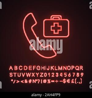 Doctor appointment neon light icon. Call ambulance. Emergency call. Handset with first aid kit. Glowing sign with alphabet, numbers and symbols. Vecto Stock Vector