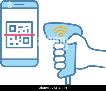 Payment QR with code scanner scanning phone screen color icon. Wifi 2D barcode reader. Wireless QR code barcode scanning. Handheld matrix barcodes sca Stock Vector