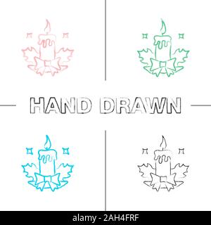 Christmas candle hand drawn icons set. Xmas candle with bow and mistletoe leaves. Color brush stroke. Isolated vector sketchy illustrations Stock Vector