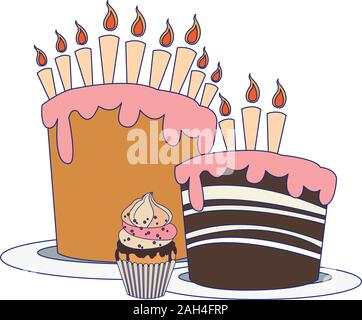 birthday cakes with candles and cupcake Stock Vector