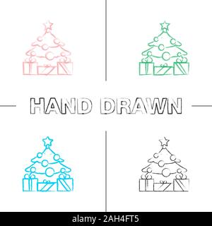 New Year tree with star and gifts hand drawn icons set. Color brush stroke. Decorated Christmas tree with presents. Isolated vector sketchy illustrati Stock Vector