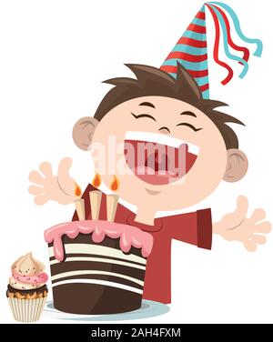 Happy boy with cupcake and Birthday cake with candles icon over white background Stock Vector
