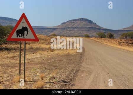 Warning sign in Namibia: elephant crossing Stock Photo