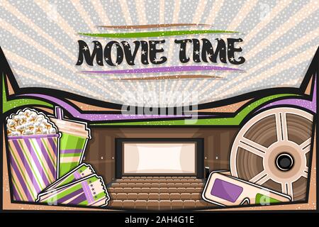 Vector illustration of Movie Theater, template with cinema screen, rows of armchairs, popcorn in striped box, drink in plastic cup, green-magenta 3d m Stock Vector