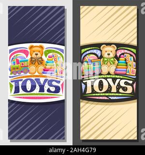 Vector layouts for Kids Toys, decorative leaflets with illustration of steam train, inflatable ball, plush teddy bear, plastic pyramid and wooden kids Stock Vector