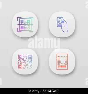 Barcodes app icons set. UI/UX user interface. QR code scanning, paper receipt in hand, matrix barcode, paper check. Web or mobile applications. Vector Stock Vector
