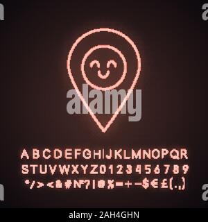 Smiling map pin character neon light icon. Easy GPS navigation. Happy map pinpoint, marker. Emoji, emoticon. Glowing sign with alphabet, numbers and s Stock Vector