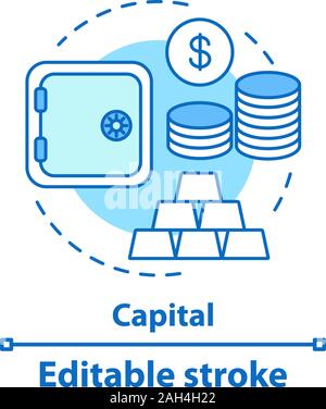 Capital concept icon. Deposit, investment idea thin line illustration. Savings. Banking. Safe, gold bars, coins. Vector isolated outline drawing. Edit Stock Vector