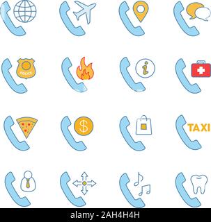 Phone services color icons set. Landline phone calls. Emergency, delivery, customer support, roaming, taxi services. Telephone handset. Making calls. Stock Vector