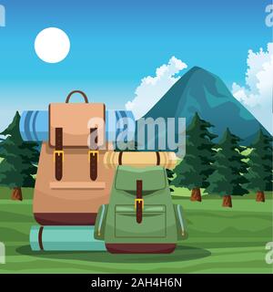 Beautiful mountains and trees landscape with travel backpacks Stock Vector