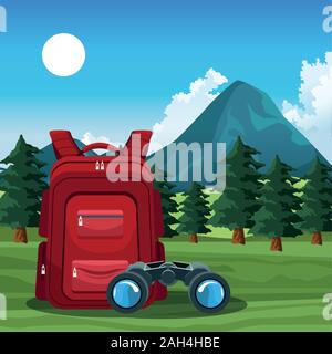 Beautiful mountains and trees landscape with backpack and binoculars Stock Vector