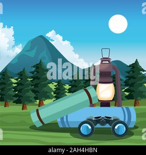 Beautiful mountains and trees landscape with lantern and sleeping bags Stock Vector