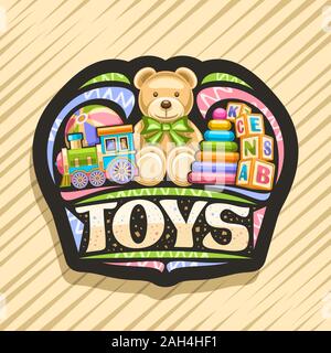 Vector logo for Kids Toys, black decorative sign board with illustration of steam train, inflatable ball, plush teddy bear, plastic pyramid and wooden Stock Vector