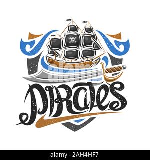 Vector logo for Pirate Party, decorative concept with illustration of sailboat, cartoon sword and original brush typeface for word pirates, buccaneer Stock Vector