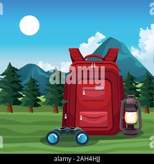Beautiful mountains and trees landscape with backpack, binoculars and lantern Stock Vector
