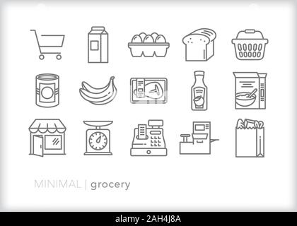 Set of grocery line icons of common food and drink from the supermarket, including shopping cart and basket for checking out Stock Vector