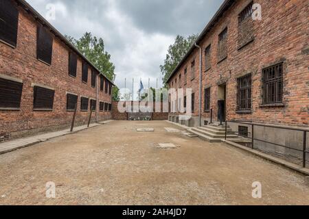 Auschwitz Birkenau, Poland - June 27, 2018: Execution wall at Nazi concentration camp of Auschwitz in Poland. UNESCO World Heritage.Holocaust Remembra Stock Photo