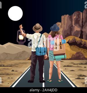 traveler couple with bags and beautiful night western landscape Stock Vector