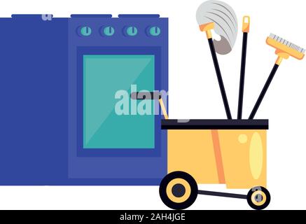 housekepping cart with tools cleaning and oven Stock Vector