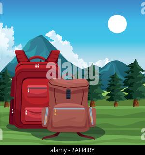 Beautiful mountains and trees landscape with backpacks Stock Vector