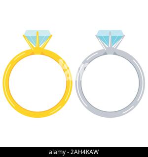 Engagement golden and silver or platinum ring with a diamond set isolated on white background. Save the date icon. Vector flat design cartoon style il Stock Vector
