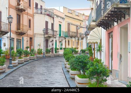 a beautiful typical multicolored street in Lipari, Aeolian islands, Italy. Stock Photo