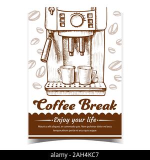 Espresso Machine With Two Cups Drawn Poster Vector Stock Vector