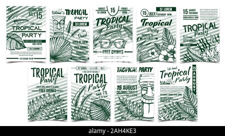 Tropical Leaves And Seaweeds Poster Set Vector Stock Vector