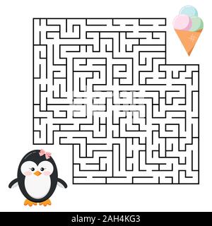 Maze game - labyrinth with cute cartoon penguin girl and ice cream for kids education. Help penguin to find right a delicious ice cream cone. Vector i Stock Vector
