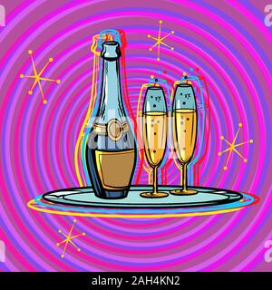 A bottle of champagne with glasses on a tray. Celebration Stock Vector