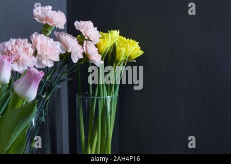 Glass vases with tulips, carnations and daffodils on a dark background, concept of congratulations mother's day, eighth of march Stock Photo