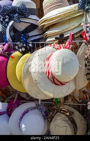 Hats on sale on market stall, Mikulov, Czech Republic Stock Photo