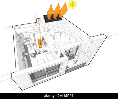 diagram of a one bedroom apartment completely furnished with flat roof cutaway over it with photovoltaic panels on the roof as source of electric ener Stock Vector