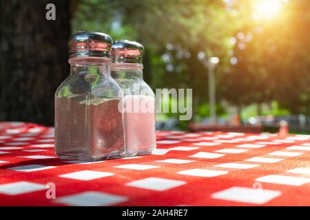 Salt and pepper shakers on picnic tablecloth with sunny background. Stock Photo