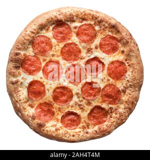 Hot fresh baked Italian pizza isolated on white background. Top view, flat lay Stock Photo