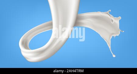 Vector realistic milk or yogurt swirl on blue background. Illustration for poster, brochure, label and product ad desing Stock Vector