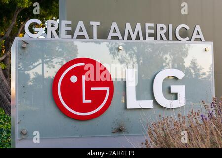 LG logo at Silicon Valley campus. LG is South Korean multinational electronics company headquartered in Yeouido-dong, Seoul, South Korea - Santa Clara Stock Photo