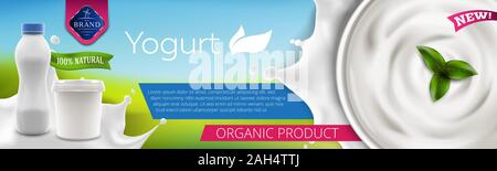 Natural Greek and drink Yogurt ads illustration with bowl of cream and blank packaging container in milk splash, 3d vector of yogurt bottle and jar Stock Vector