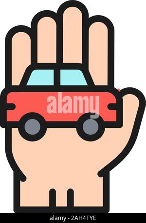 Car in hand, manual car cleaning flat color line icon. Stock Vector