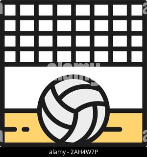 Volleyball net with ball, sand beach flat color line icon. Stock Vector