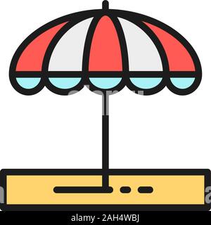 Vector beach umbrella, vacation equipment flat color line icon. Stock Vector