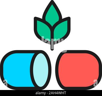 Plant with pill, herbal medicine flat color line icon. Stock Vector