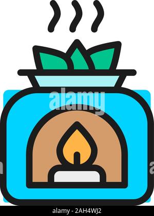 Aromatherapy, aroma lamp with essential oil flat color line icon. Stock Vector