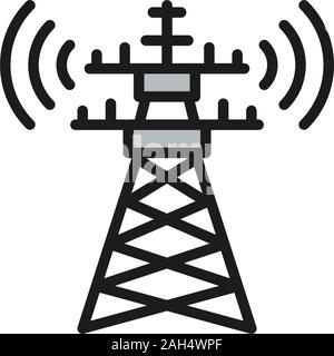 5G internet tower, telecommunications tower, satellite antenna color line icon. Stock Vector