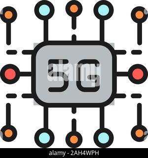 5G internet technology, wireless chip flat color line icon. Stock Vector