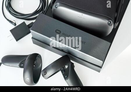 Montreal, Canada - December 23, 2019: Oculus Quest VR headset and controllers. The Oculus Quest is a first all in virtual reality wireless headset and Stock Photo