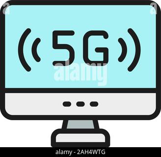 Personal computer with 5G internet flat color line icon. Stock Vector