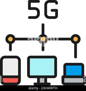 Vector wireless 5G internet distribution flat color line icon. Stock Vector